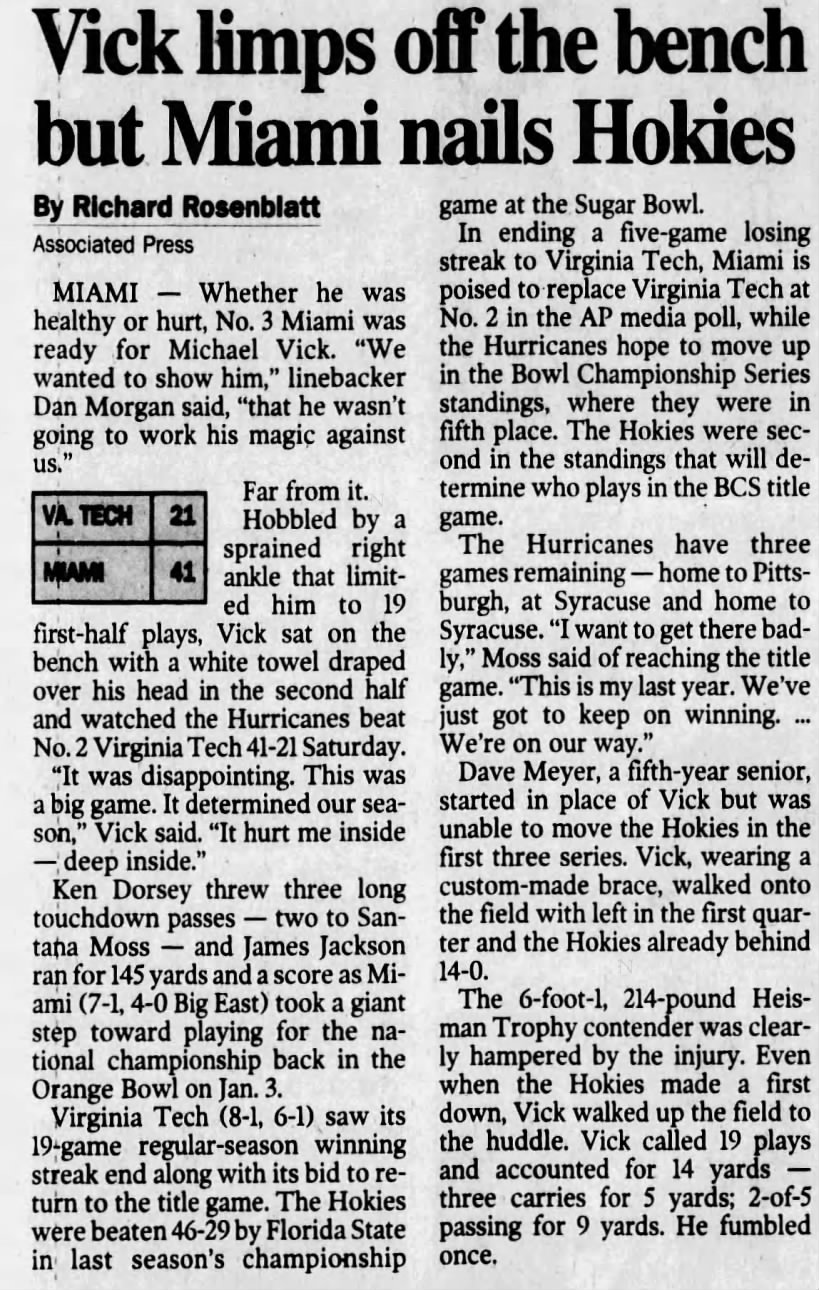Vick limps off the bench but Miami nails Hokies {AP}