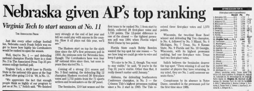Nebraska given AP's top ranking; Virginia Tech to start season at No. 11