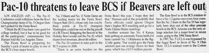Pac-10 threatens to leave BCS if Beavers are left out