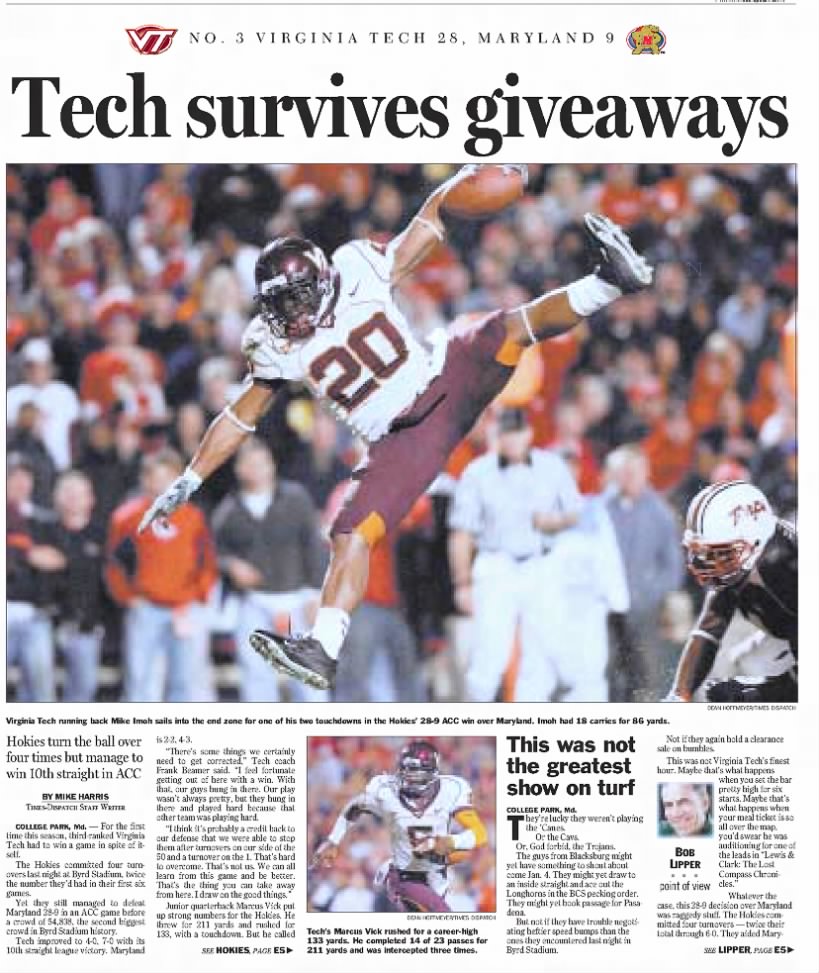 Tech survives giveaways: Hokies turn the ball over four times but manage 10th straight in ACC  