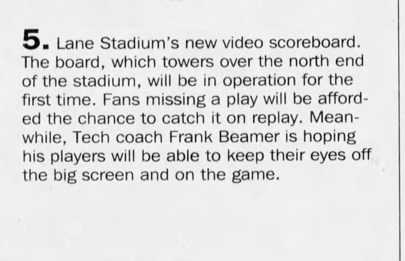 Note on the new video board at Lane Stadium, first used on August 27, 2000 with Enter Sandman