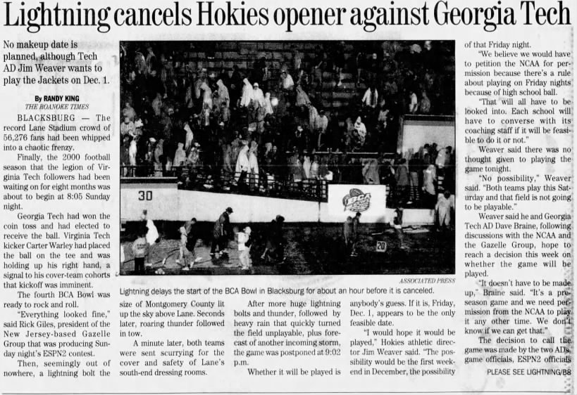 Lightning cancels Hokies opener against Georgia Tech
