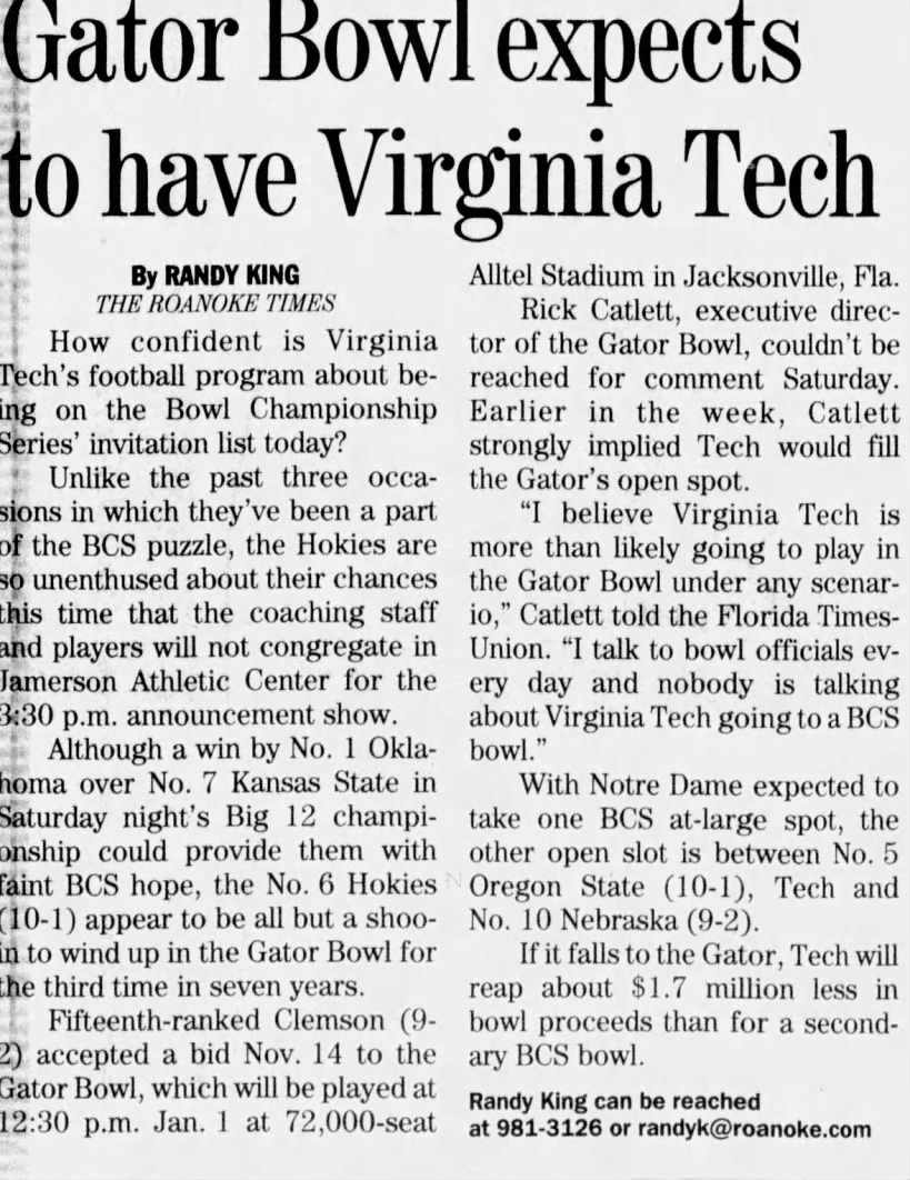 Gator Bowl expects to have Virginia Tech
