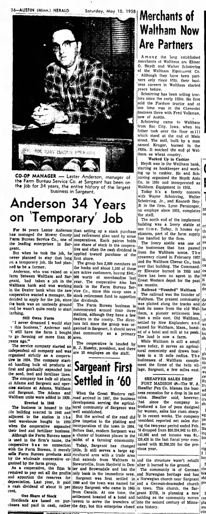 History about Sargeant and Waltham, MN businesses- Austin Dally Herald May 10 1958, pg 26
