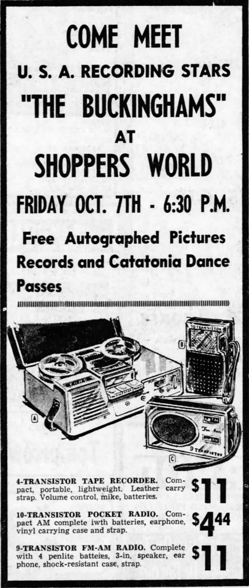 1966-Oct-06 Shoppers World Ad with Buckinghams & Catatonia dance passes