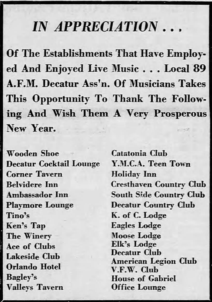 1967-Jan-01 Local 89 AFM Decatur Assn of Musicians Thanks live music clubs