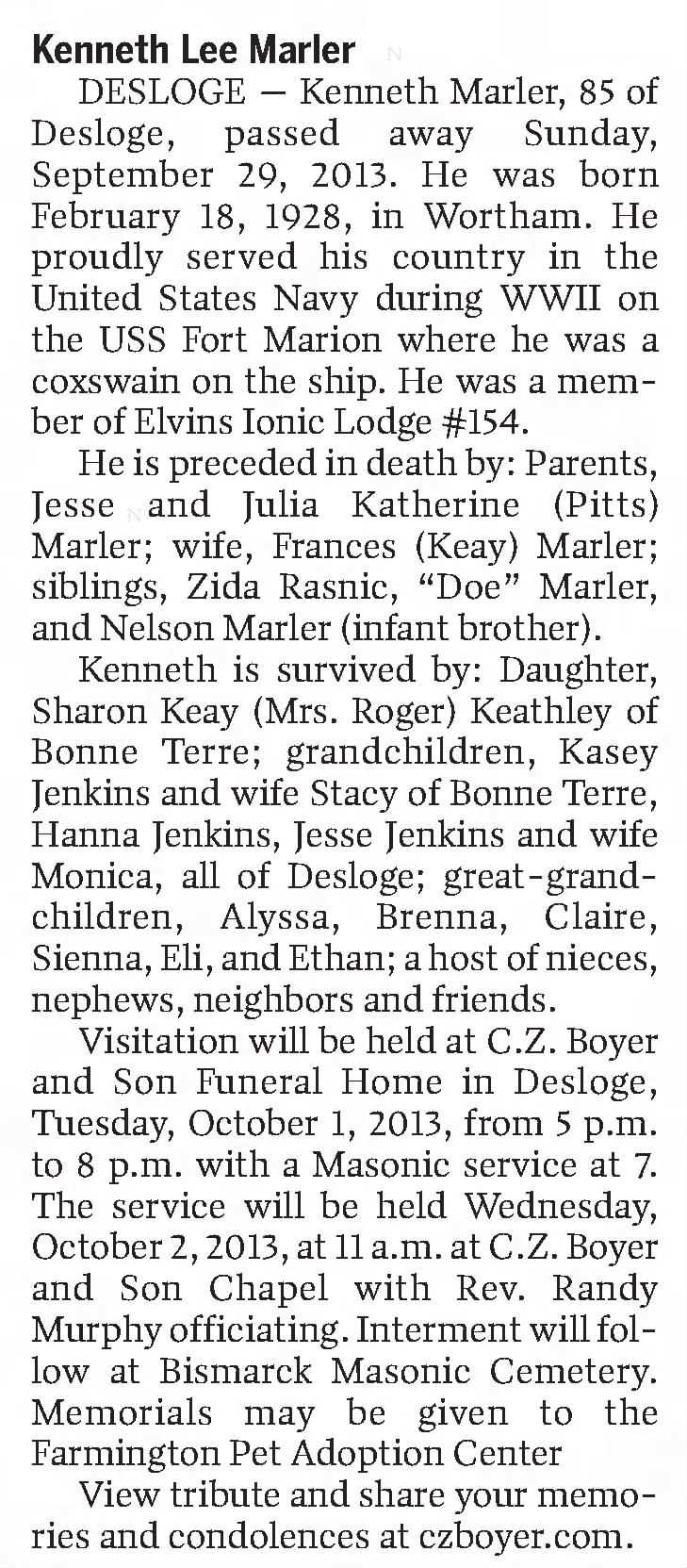 Obituary for Kenneth Lee Marler, 1928-2013 (Aged 85)