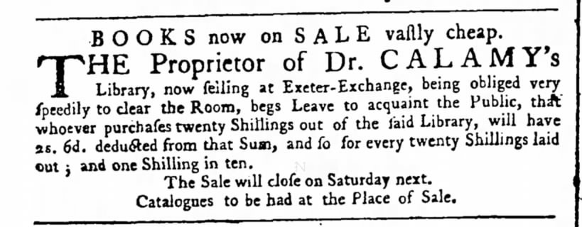 Advertisement concerning the sale of books of the late Edmund Calamy
