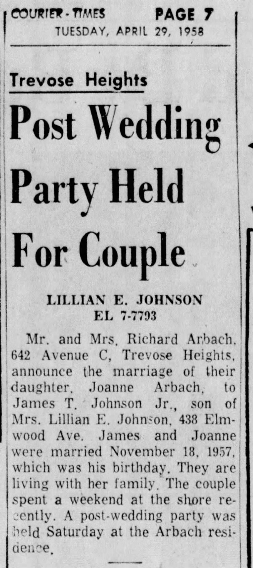 Marrage announce 11/18/1957 Joanne Arbach to James T. Johnson Jr.