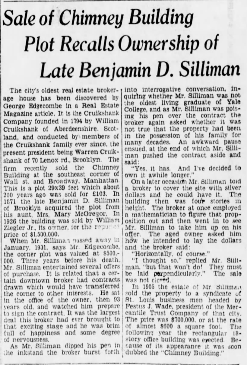 Sale of Chimney Building Plot Recalls Ownership of Late Benjamin D. Silliman
