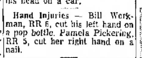 Anderson Daily Bulletin
July 3, 1965
Bill Workman cuts hand