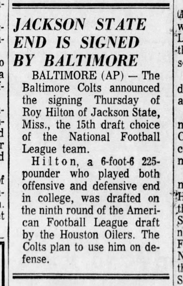 Jackson State End Roy Hilton is Signed by the Baltimore Colts