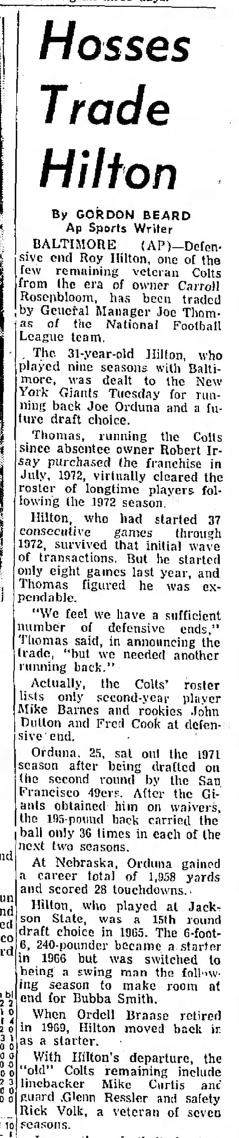 Hosses Trade Defensive End Roy Hilton to the New York Giants