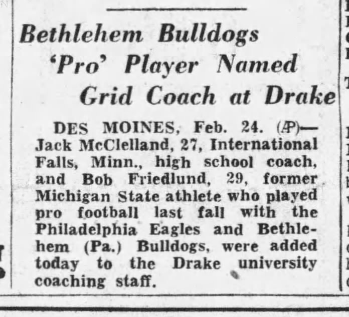 Bethlehem Bulldogs All-Star End Bob Friedlund Named to Drake University Coaching Staff