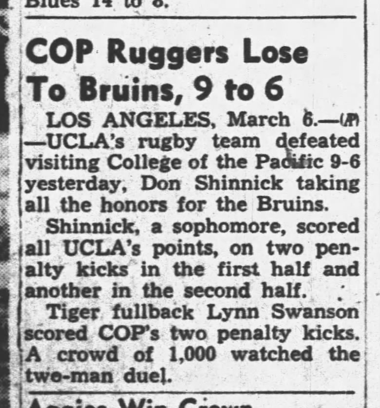 UCLA Rugby Squad Scores 9–6 Win Over College of the Pacific Behind Don Shinnick's Penalty Kicks