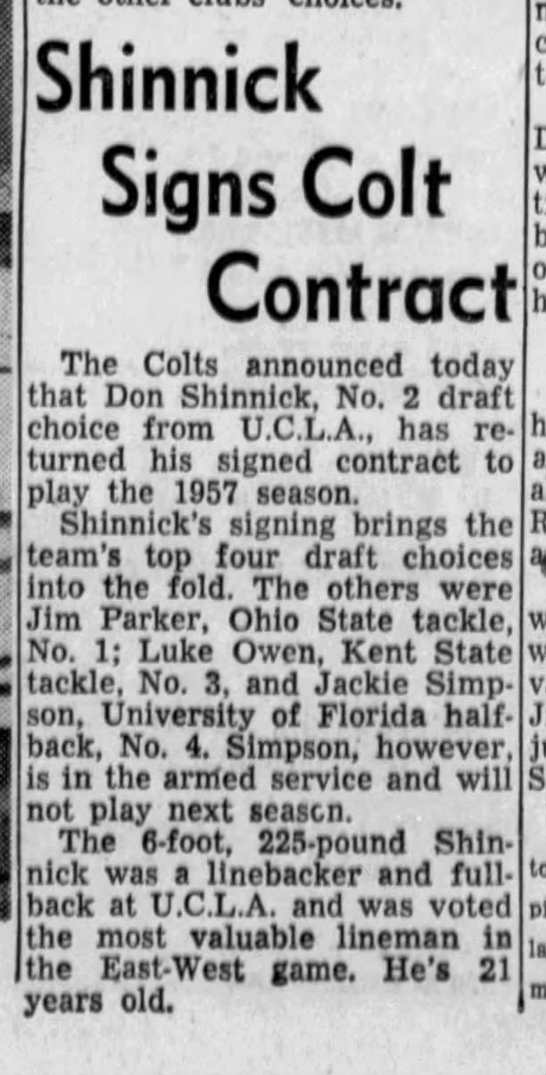 Don Shinnick, Number 2 Draft Choice for 1957, Signs Colt Contract