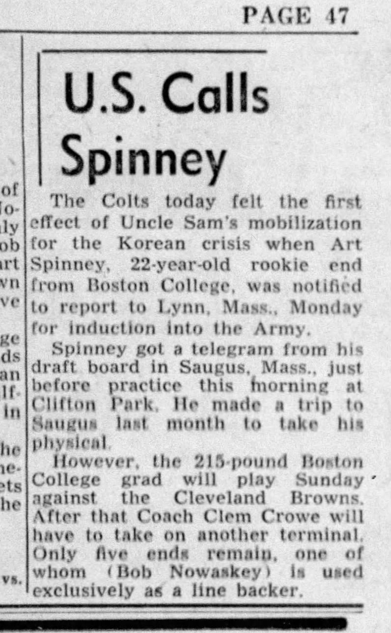 United States Army Calls Baltimore Colts End Art Spinney