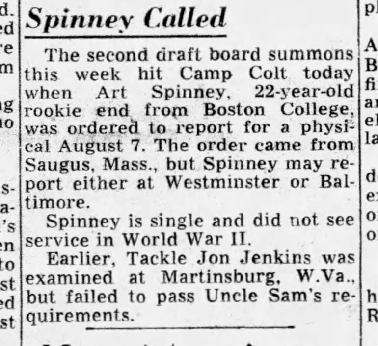 Baltimore Colt Rookie Art Spinney Receives Draft Notice at Colt Training Camp