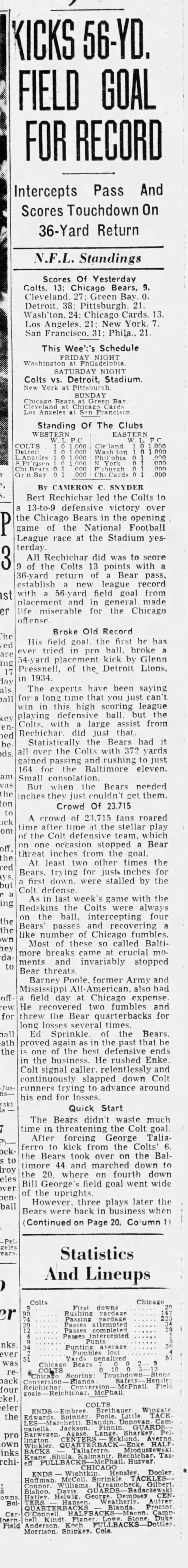 Bert Rechichar Stars as Colts Defeat Bears, 13–9: Kicks 55-Yard Field Goal for Record
