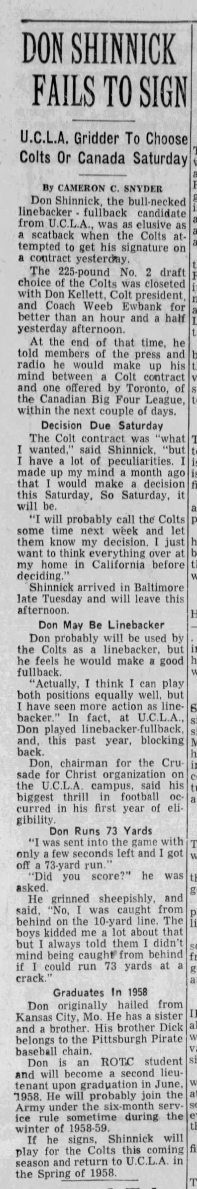 Don Shinnick Fails to Sign First Contract With Baltimore Colts, Final Decision to Come on Saturday