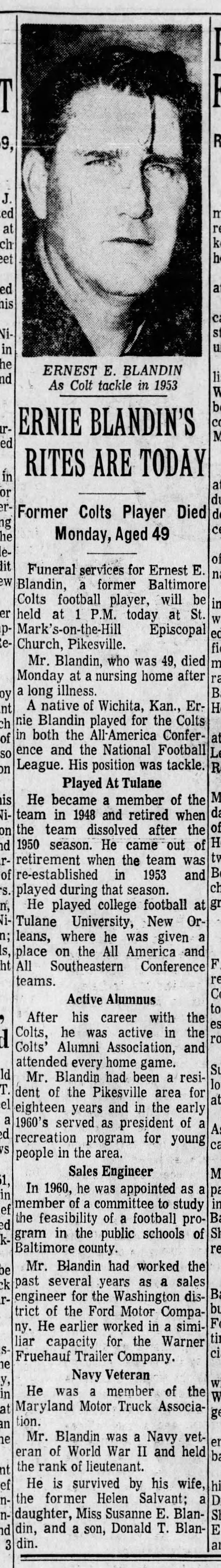 Baltimore Colts Tackle Ernie Blandin's Rites Are Today; Died at Age 29 After Long Illness