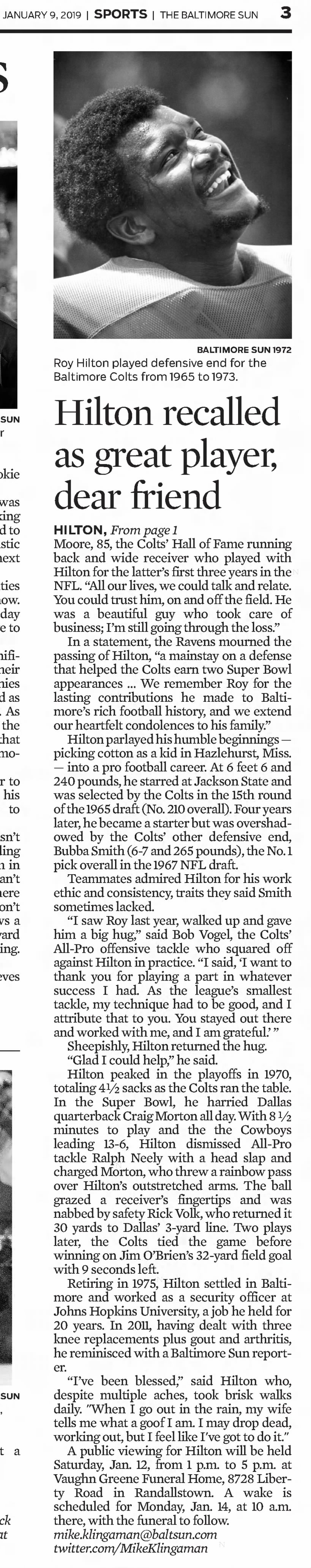 Roy HIlton, Baltimore Colts Defensive End, Obituary (jump page)