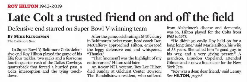 Late Colt a Trusted Friend On and Off the Field: Defensive End Roy Hilton Dies (obituary, p. 1)