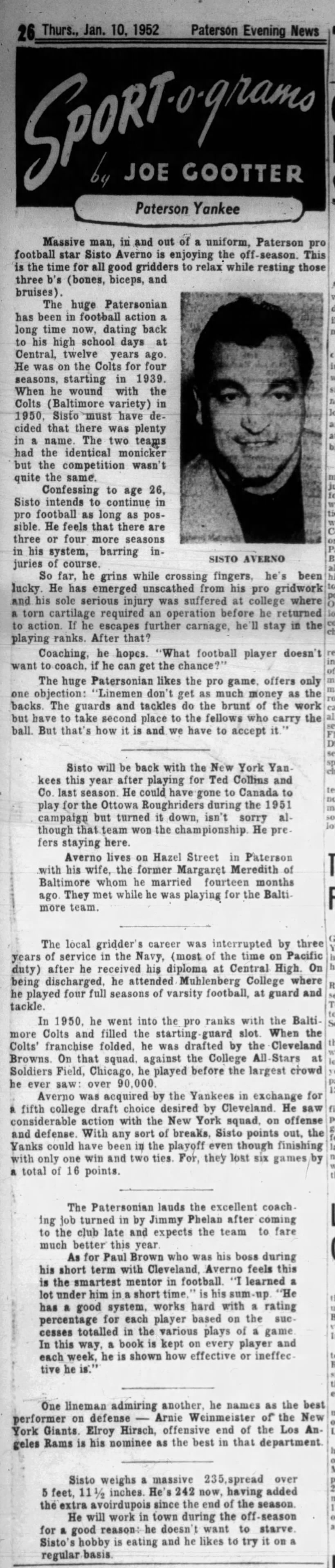 Paterson Yankee: A Short Biography of Professional Football Lineman Sisto Averno