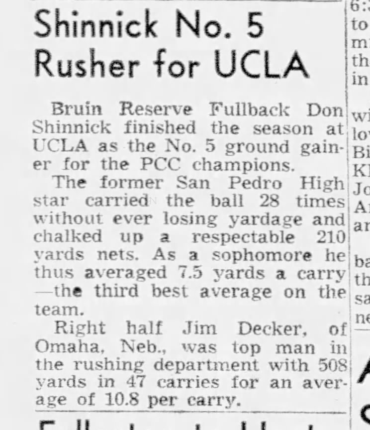 Reserve Fullback Don Shinnick Number 5 Rusher for UCLA Bruins Football Team