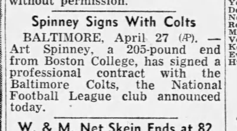 Boston College End Art Spinney Signs Pro Football Contract with Baltimore Colts