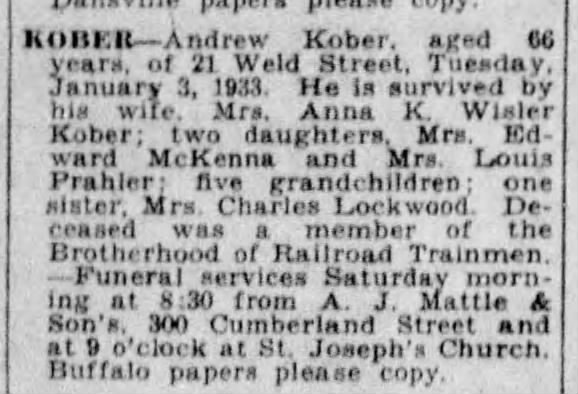 Death notice: Andrew Kober d. 1933