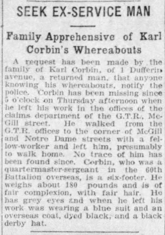 Karl Corbin (husband of Ethel Buckingham) missing