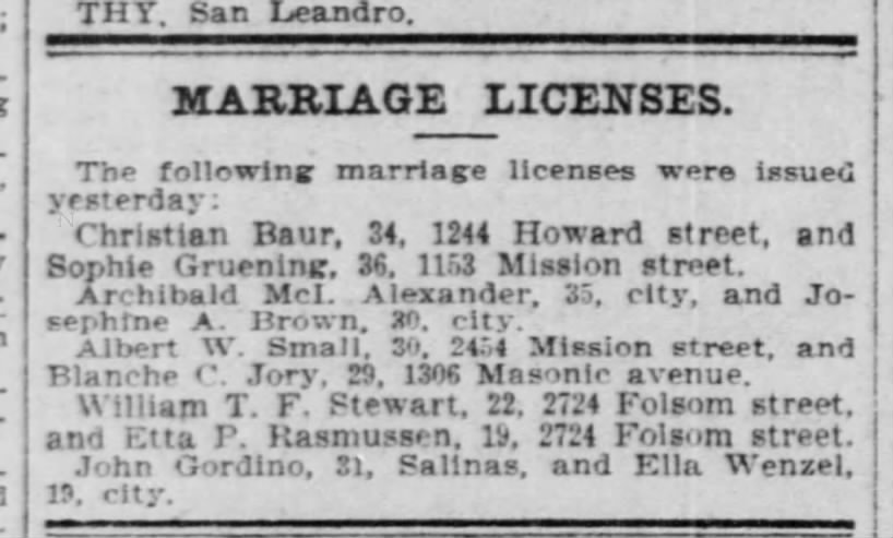 Marriage License William T.F. Stewart and Etta P. Rasmussen May 1900