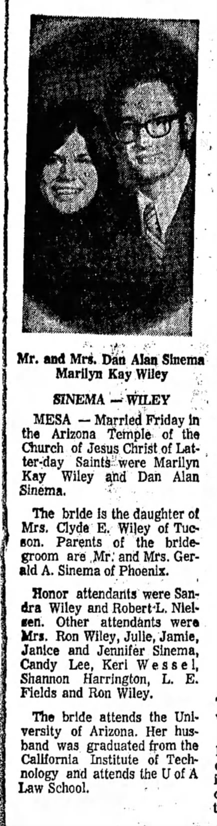 Kyrsten Sinema's parents wedding announcement 7 Jan 1973