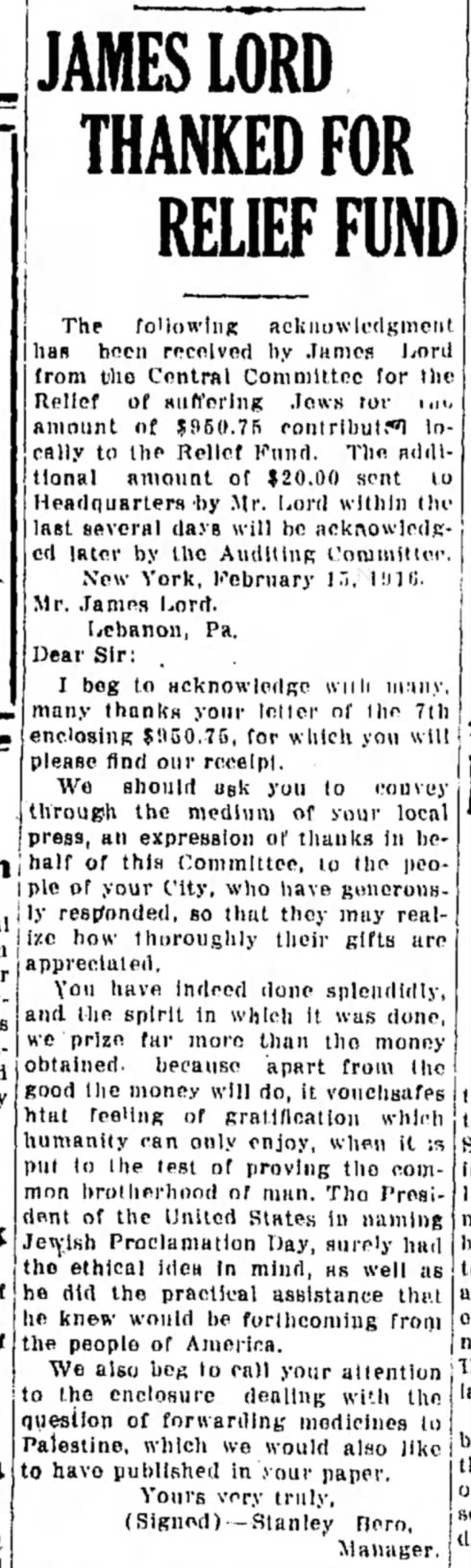 Lebanon Daily News Feb 16, 1916  James Lord Thanked for Relief Fund