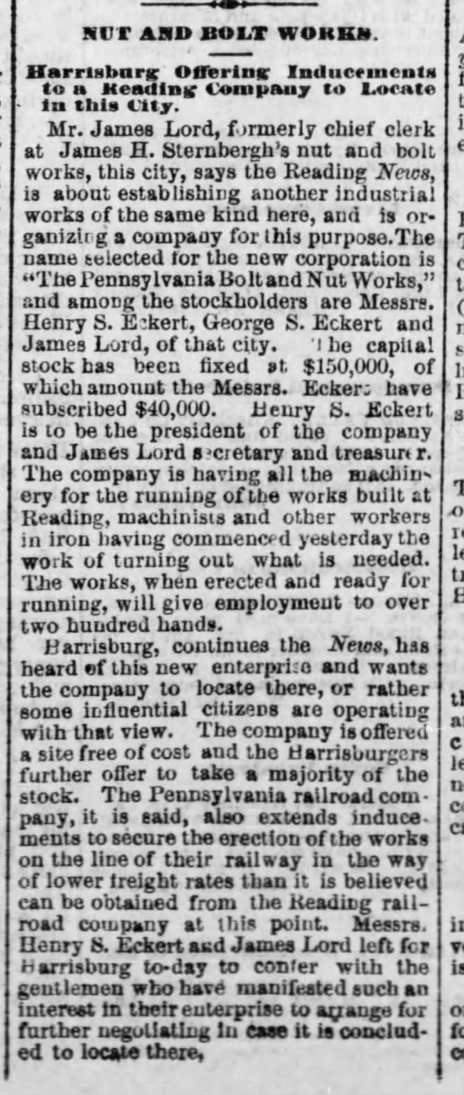 Harrisburg Daily Independent Feb 7 1882
Nut and Bolt Works