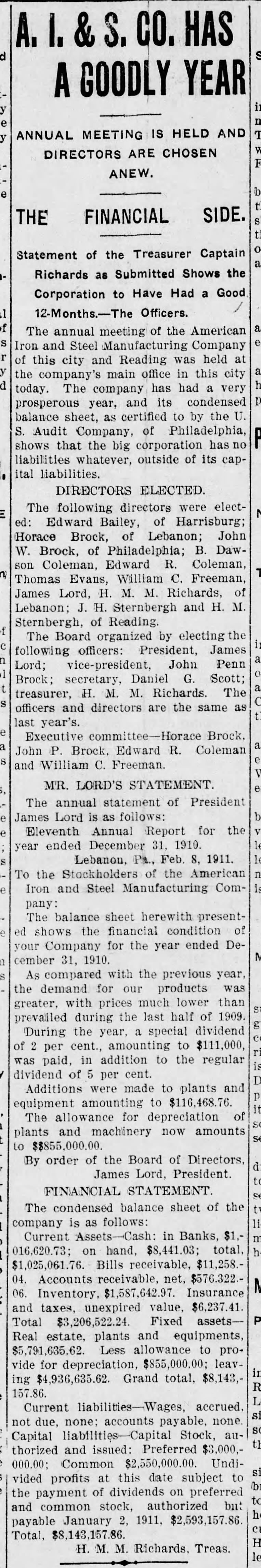 Lebanon Courier and Semiweekly Report Feb 10, 1911  American Iron & Steel has a Goodly Year