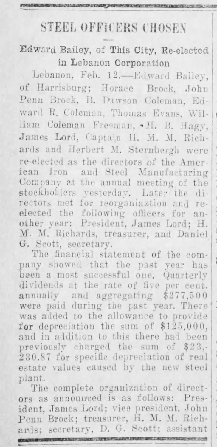 Harrisburg Daily Independent Feb 12, 1914  Steel Officers Chosen