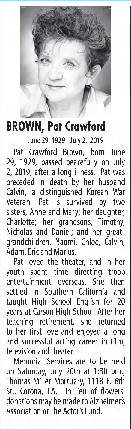 Obituary for Pat Crawford BROWN Crawford, 1929-2019
