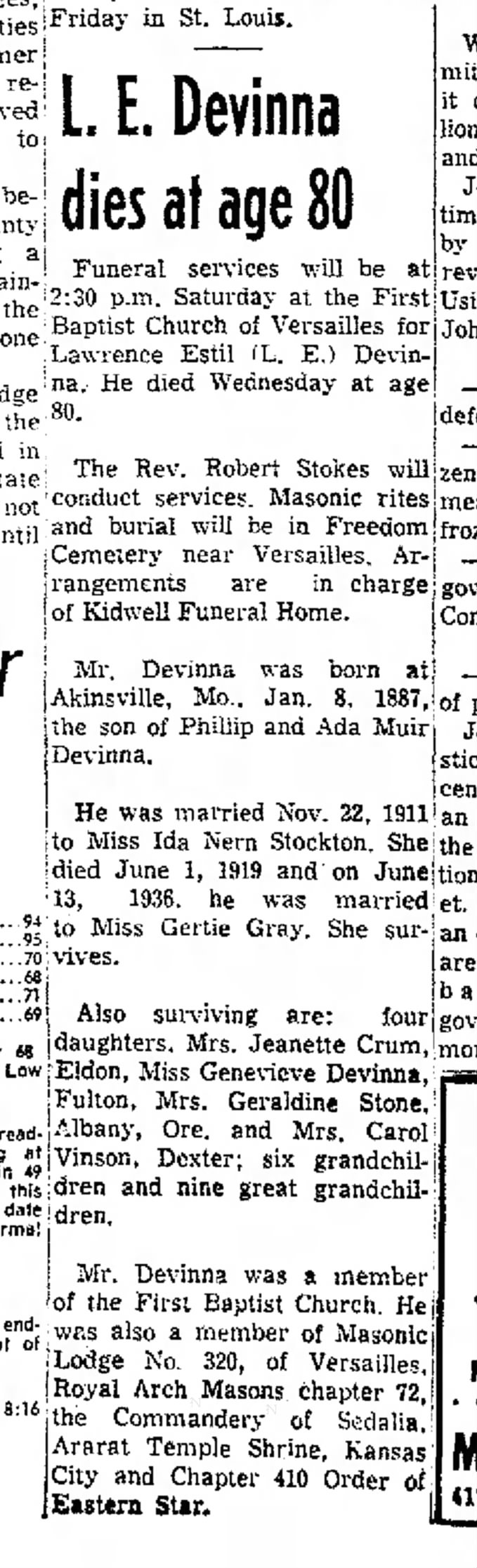 L.E. Devinna obit. The Daily Capital News (Jefferson City, MO) 4 Aug. 1967