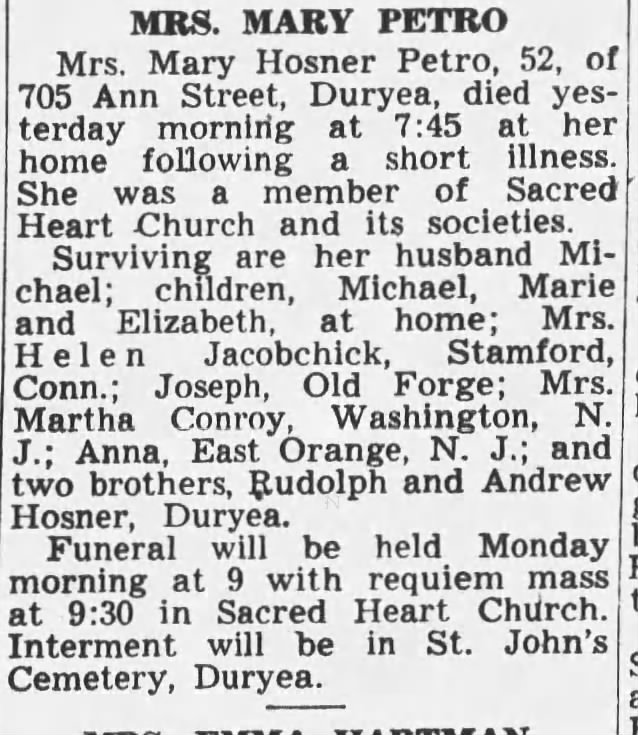 Mary Petro 1946 death