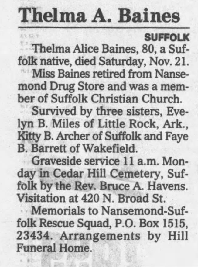 Thelma Alice Baines Obituary