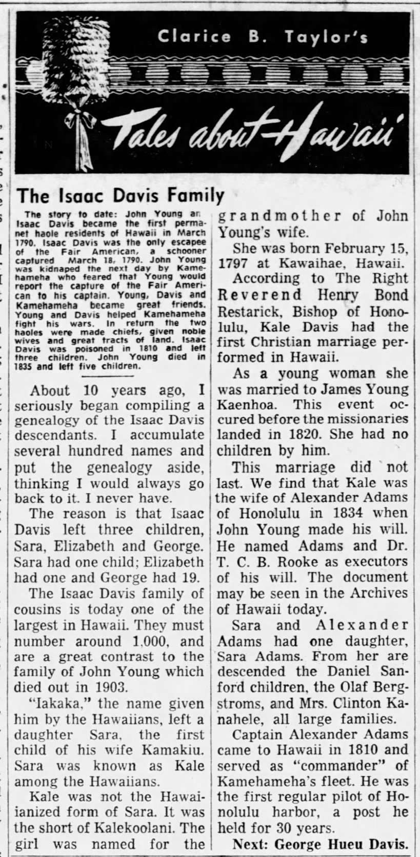 The Isaac Davis Family; 1960 Honolulu Star-Bulletin