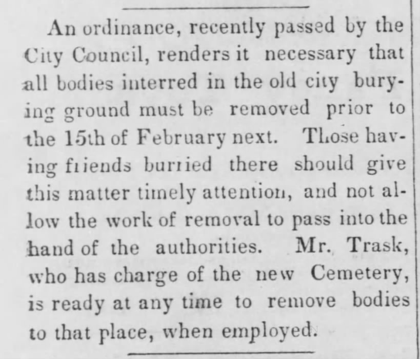 Ordinance requiring removal of bodies from old burial ground