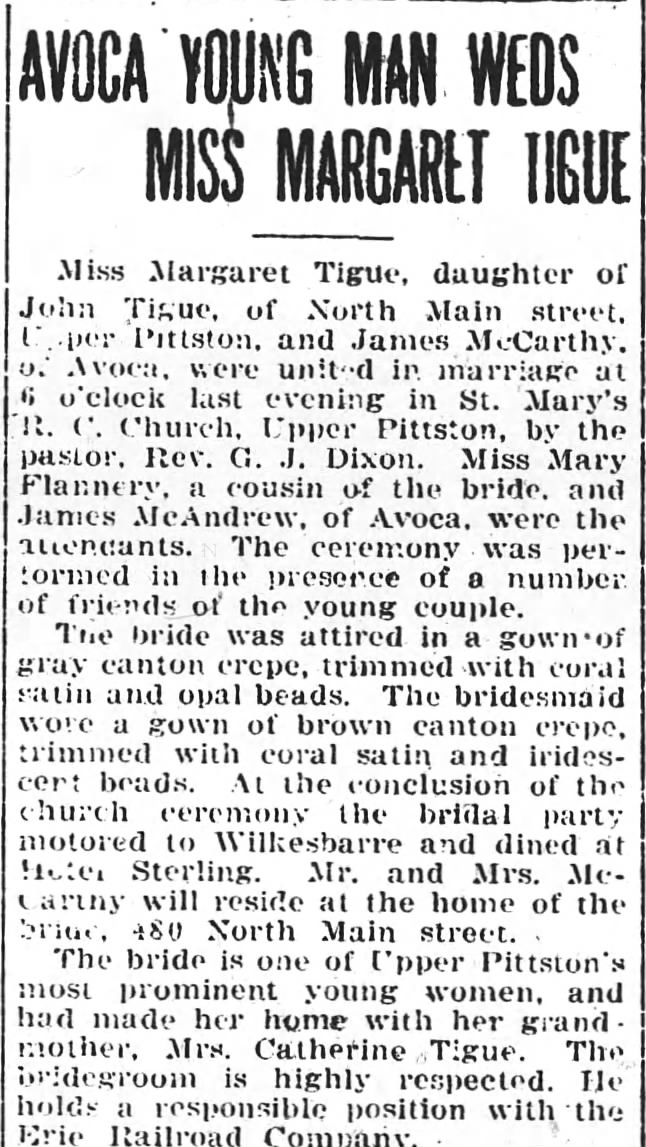 Marriage of Margaret Tigue and James McCarthy