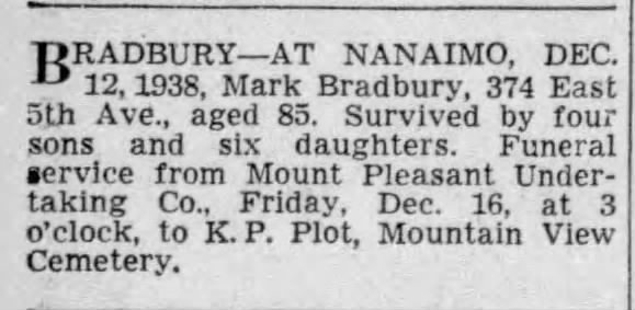 Mark Bradbury Death Notice Dec 1938