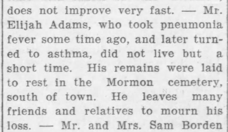 Elijah Adams death and burial in Mormon cemetery.