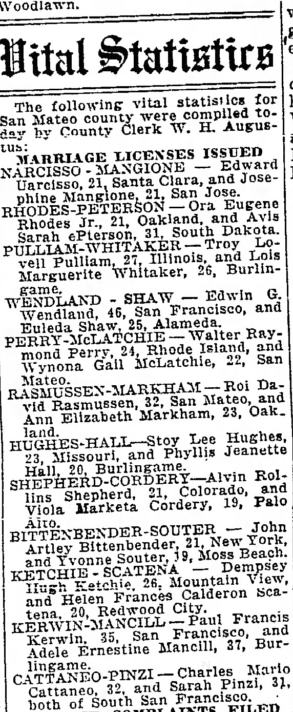 Mancill Kerwin Marriage Dec 13 1945  The Times, San Mateo
