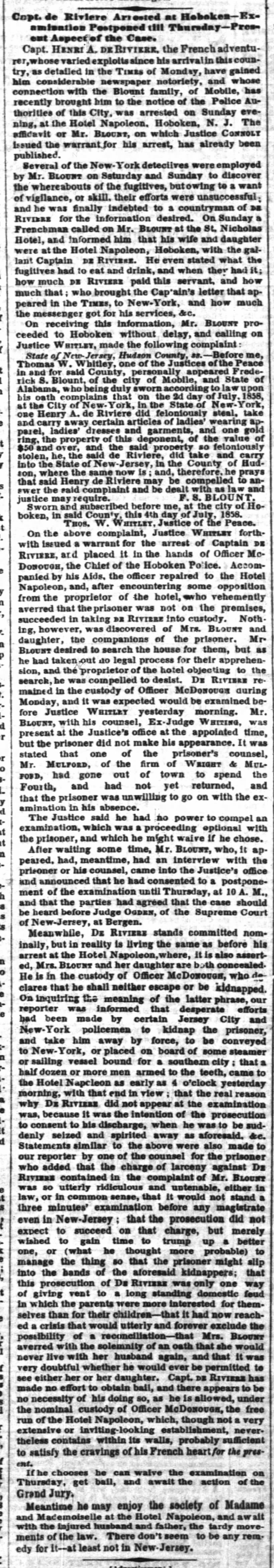 07 Jul 1858 -New York Times - Blount has De Riviere arrested.  Great story.