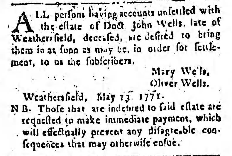 Wells, Oliver, Hartford Courant; 28 May 1771 p4 c1